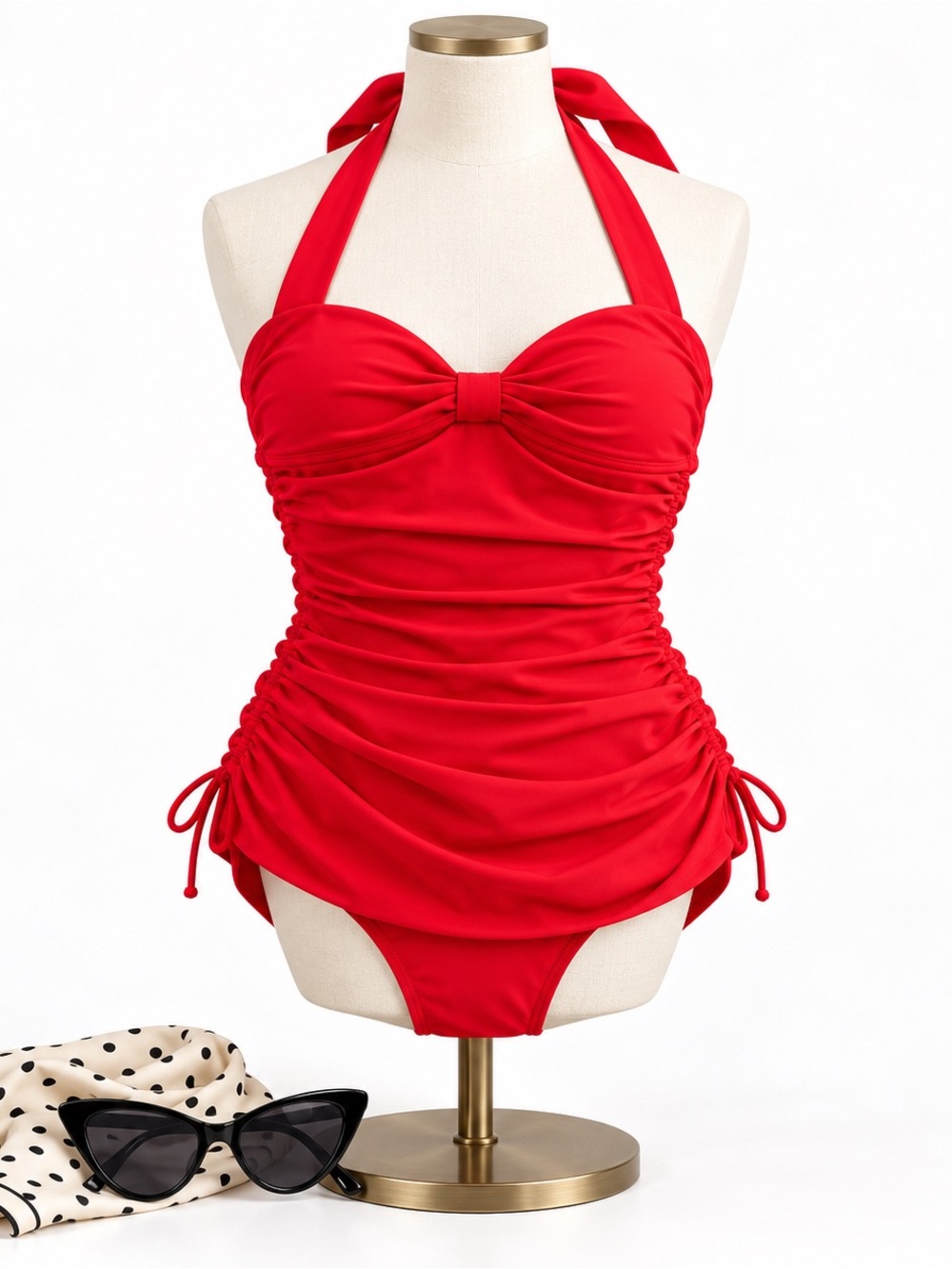 Red Retro Pinup Halter Swimdress Ruched Sweetheart One Piece Swimsuit